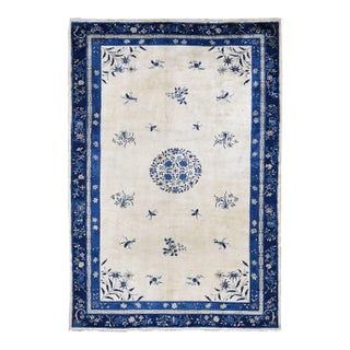 1900s Ivory Antique Chinese Peking Design Hand Knotted Wool Rug For Sale