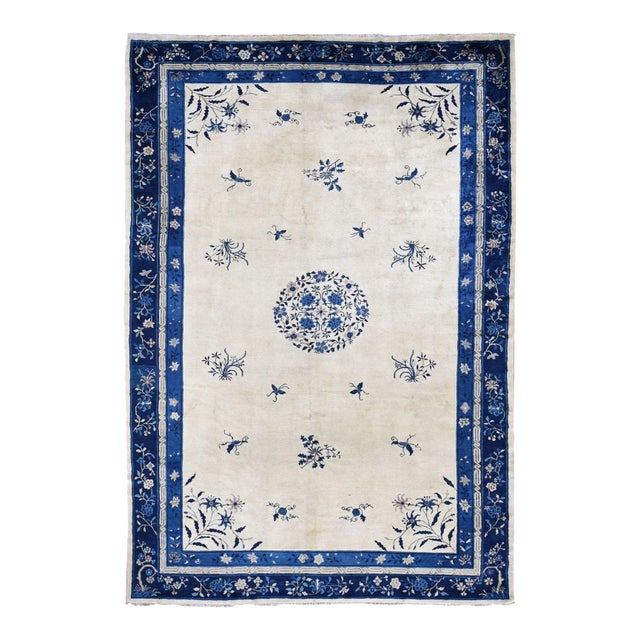 1900s Ivory Antique Chinese Peking Design Hand Knotted Wool Rug For Sale