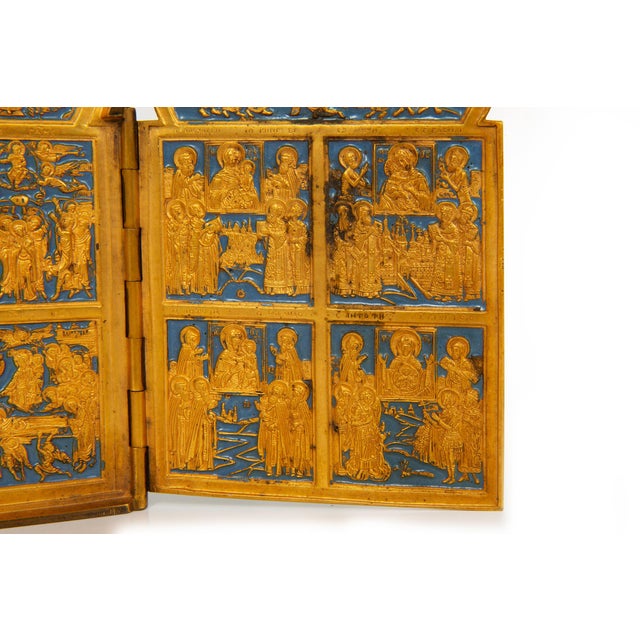 Fine Russian Old Believers Tetraptych Copper Icon With 20 Devotional Panels For Sale - Image 11 of 16