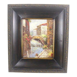 Vintage European Village Scene Oil Painting, Original Art Gold Washed Plaster Frame For Sale