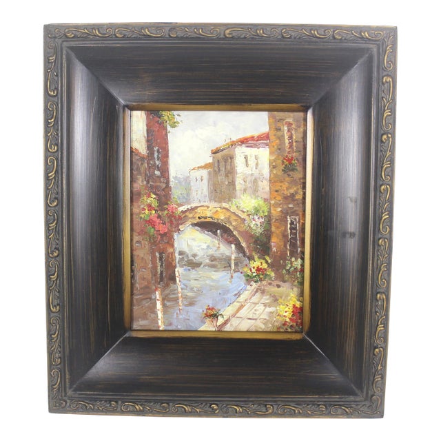 Vintage European Village Scene Oil Painting, Original Art Gold Washed Plaster Frame For Sale