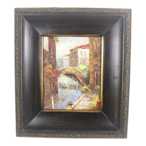 Vintage European Village Scene Oil Painting, Original Art Gold Washed Plaster Frame