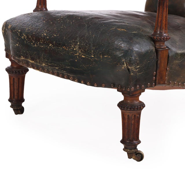 Gillows of Lancaster & London An English Walnut and Tufted Leather Library Armchair by Gillows, 19th C. For Sale - Image 4 of 8