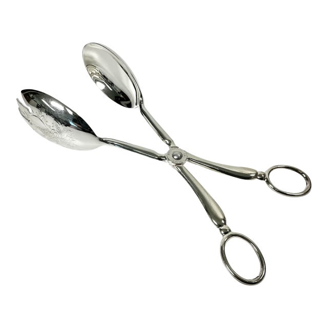 Mid-Century Hollywood Regency Italian Towle Silver Plate Etched Salad Tongs For Sale
