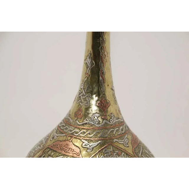 Metal Antique Islamic Persian Revival Brass Vase With Silver & Copper Inlay For Sale - Image 7 of 16