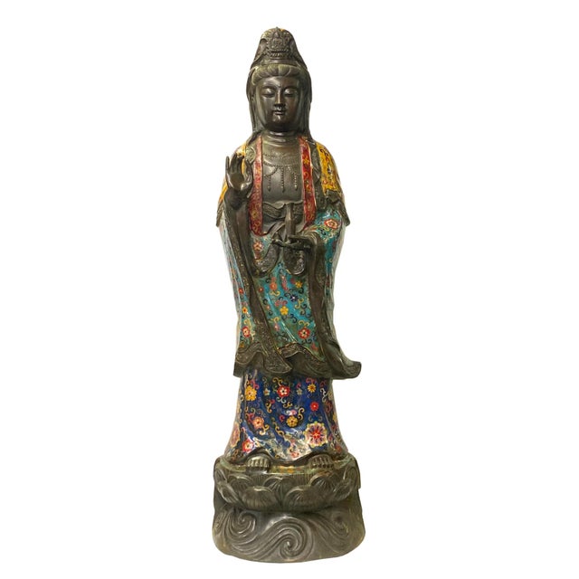 Vintage Large Metal Blue Yellow Enamel Cloisonné Kwan Yin Statue For Sale - Image 9 of 9