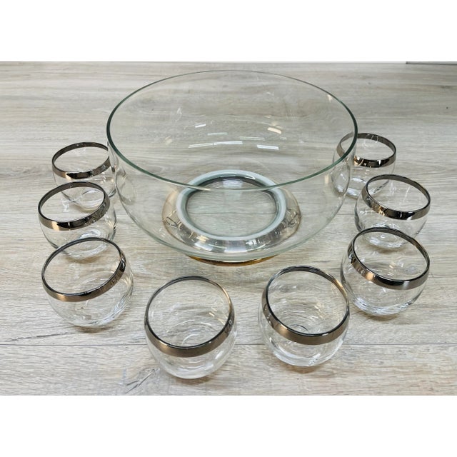Mid-Century Modern Vintage 1960s Footed Glass Punch Bowl & Tumblers, Set of 9 For Sale - Image 3 of 11