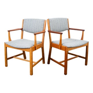 1960s Mid Century Danish Modern Armchairs Dining Chairs Teak Gray Wool Oak Captain MCM For Sale