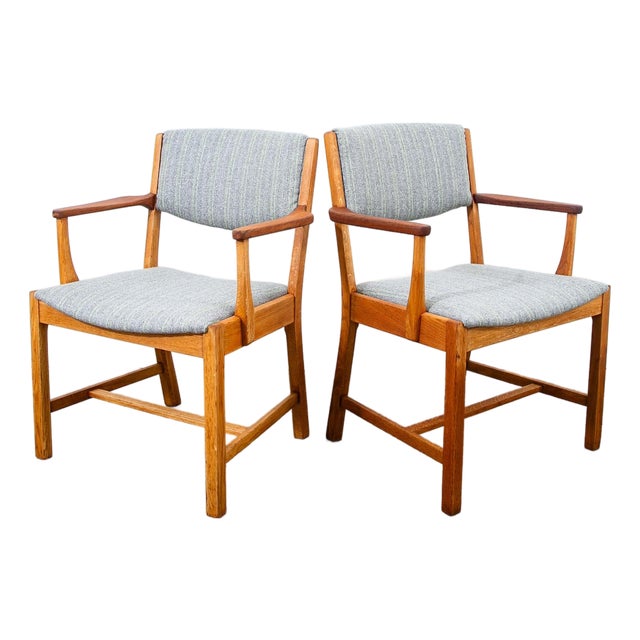 1960s Mid Century Danish Modern Armchairs Dining Chairs Teak Gray Wool Oak Captain MCM For Sale
