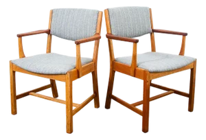 1960s Mid Century Danish Modern Armchairs Dining Chairs Teak Gray Wool Oak Captain MCM