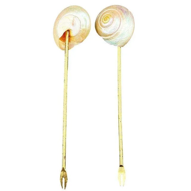 1970s Vintage Mother of Pearl Shell and Gold Appetizer Fondue Forks- Set of 6 For Sale - Image 5 of 6