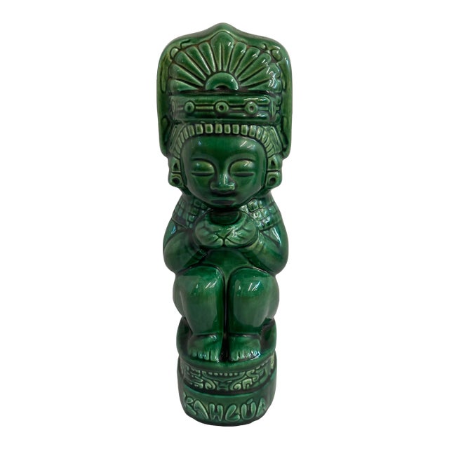 Vintage Kahlua Handmade Jade Green Tiki Aztec K&b Glazed Ceramic Decanter Mexico For Sale