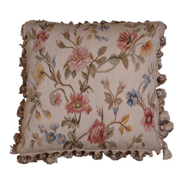 Mid 20th Century Seagull Chinese Carpets Wool Floral Embroidered Tassel Lumbar Throw Pillow For Sale