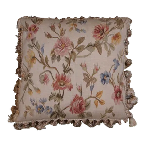 Mid 20th Century Seagull Chinese Carpets Wool Floral Embroidered Tassel Lumbar Throw Pillow
