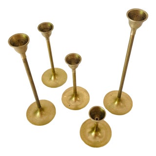 Mid-Century Modern Graduated Tulip Brass Candlesticks S/5 For Sale