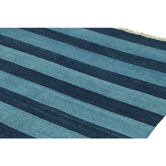 Boho Chic Rug & Kilim's Oversized Contemporary Dhurrie Rug in Blue Geometric Stripes - 12x15 For Sale - Image 3 of 8