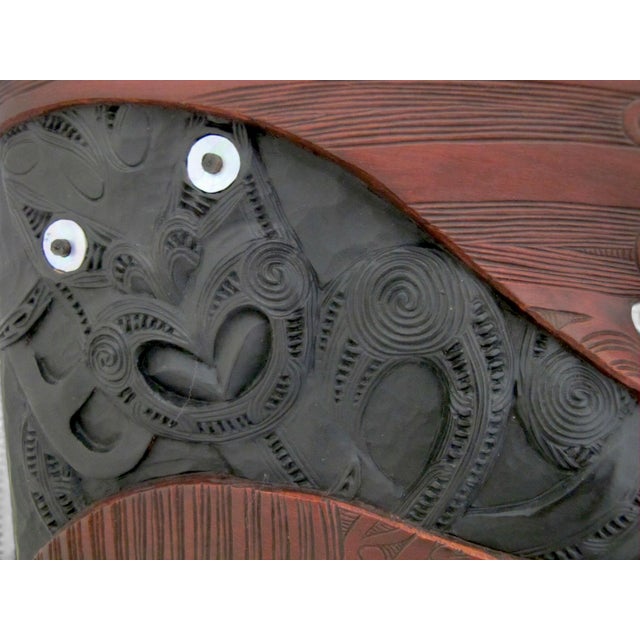 Wood John Collins Maori New Zealand Ta Moko Carved Wood Whaikairo Rakau Mask For Sale - Image 7 of 15