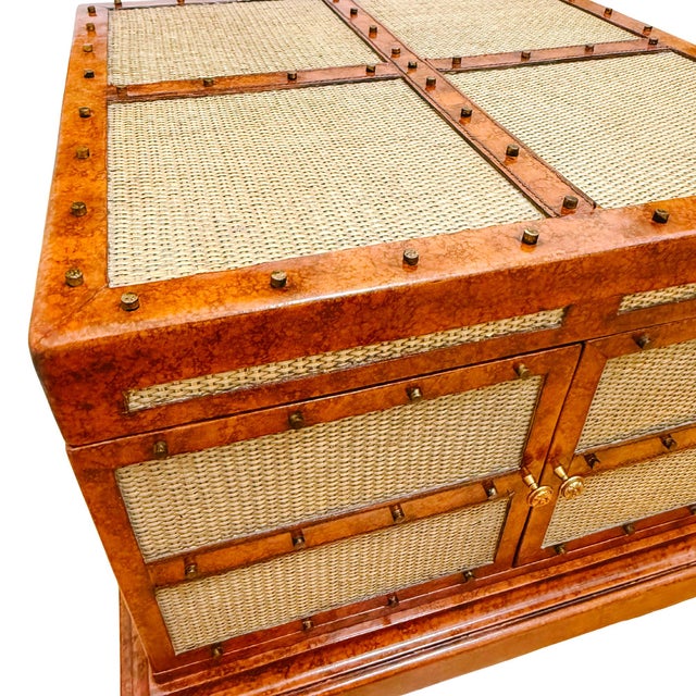 Wood Maitland-Smith British Colonial Style Woven Rattan & Leather Coffee Table Chest For Sale - Image 7 of 14