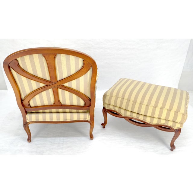 Carved Cherry Frame Stripe Upholstery Lounge Chair w/ Matching Ottoman MINT