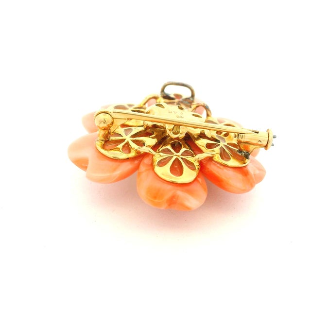 Italian Carved Coral & Diamond 18k Gold Flower Brooch Pendant, Circa 1970 For Sale - Image 9 of 13