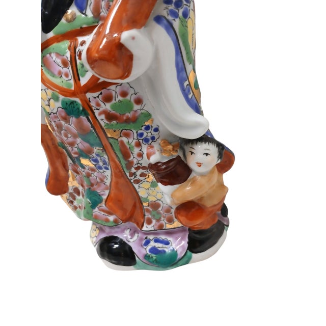 Asian Asian Cai Shen Figurine 12" Qing Dynasty Chinese Emperor W Children Hand Painted Vintage For Sale - Image 3 of 11