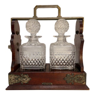 Antique Victorian/Edwardian Cut-Glass Two-Decanter Tantalus in Mahogany & Brass Caddy - 3 pcs For Sale