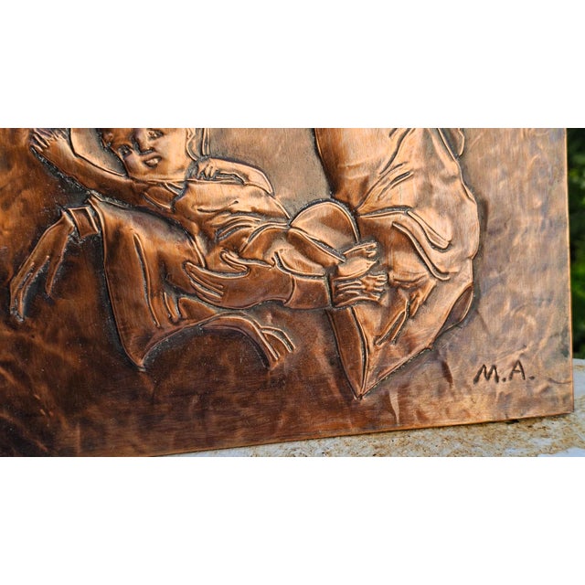 Wood Bas-Relief Painting in Copper wth Mother of God Motif by M.A., 1950s-1970s For Sale - Image 7 of 10