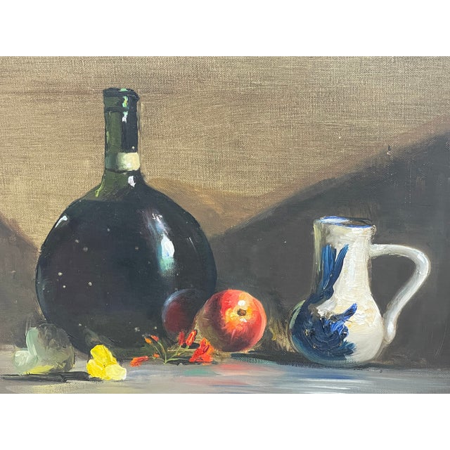1970s Vintage Still Life Oil Painting With Bottle, Ceramic Pitcher and Apple on Canvas Board For Sale - Image 5 of 10