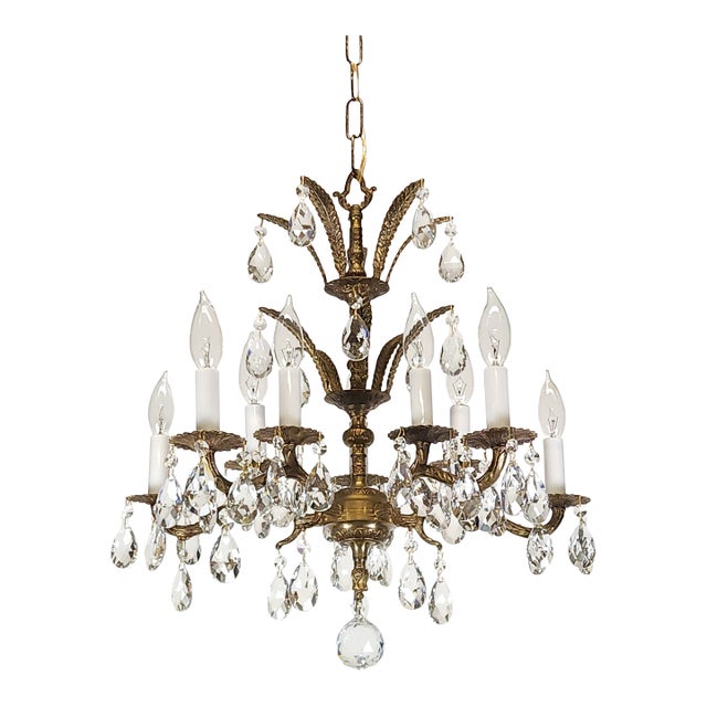 Antique 5 Arm 10 Light Mesmerizing Baroque Brass Cut Lead Crystal Chandelier For Sale