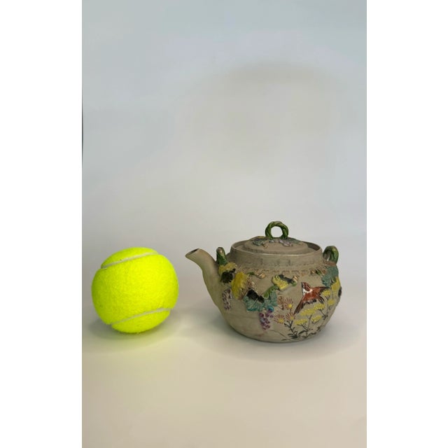 Oyster Gray Vintage Japanese Bisque and Enamel Flora & Fauna Small Teapot by Banko, Multi Color For Sale - Image 8 of 12