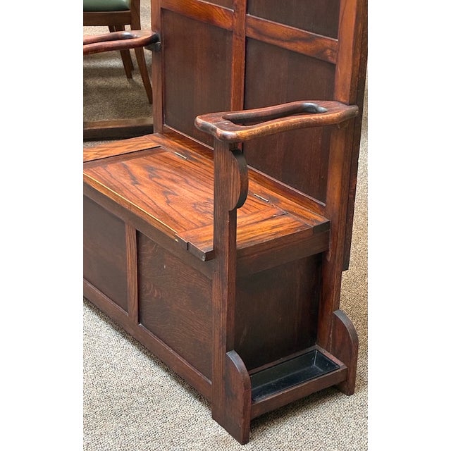 Antique English Oak Hall Tree with Lift Top Seat, Umbrella Drip Trays, Mirror & Coat Hooks c.1920 Fantastic Hall Tree -...