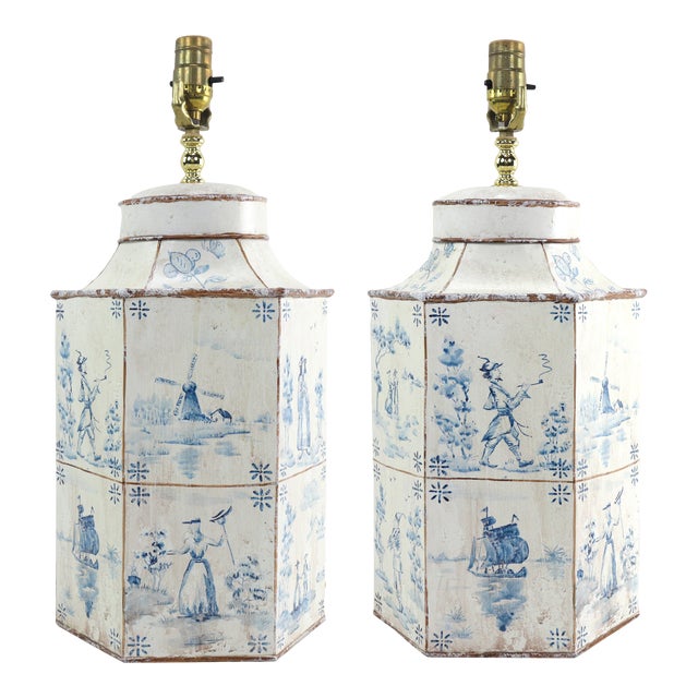 Pair Vintage Hand Painted Blue and White Dutch Landscape Tea Pot Table ...