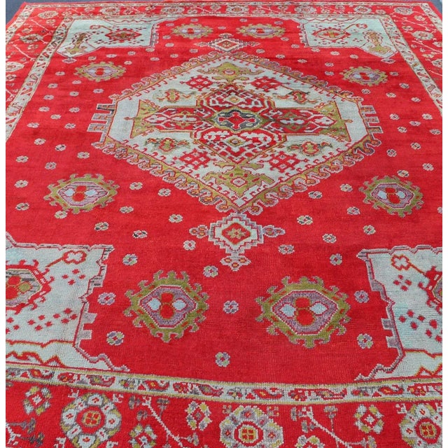 Large Antique Oushak Rug in Red, Acid Green and Ice Blue by Keivan Woven Arts For Sale In Atlanta - Image 6 of 12
