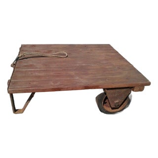 Vintage Primitive Industrial Small Garden Cart Platform Table, Rustic Wood & Iron Coffee Table For Sale