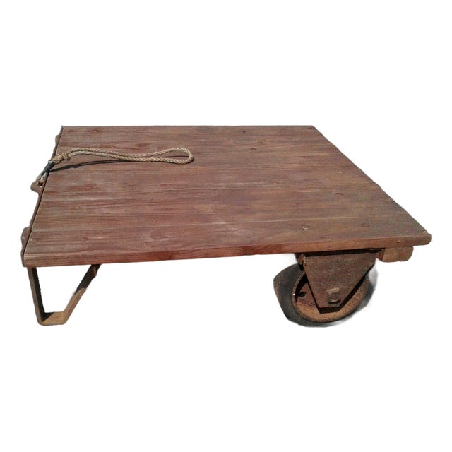 Vintage Primitive Industrial Small Garden Cart Platform Table, Rustic Wood & Iron Coffee Table For Sale