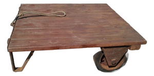 Vintage Primitive Industrial Small Garden Cart Platform Table, Rustic Wood & Iron Coffee Table