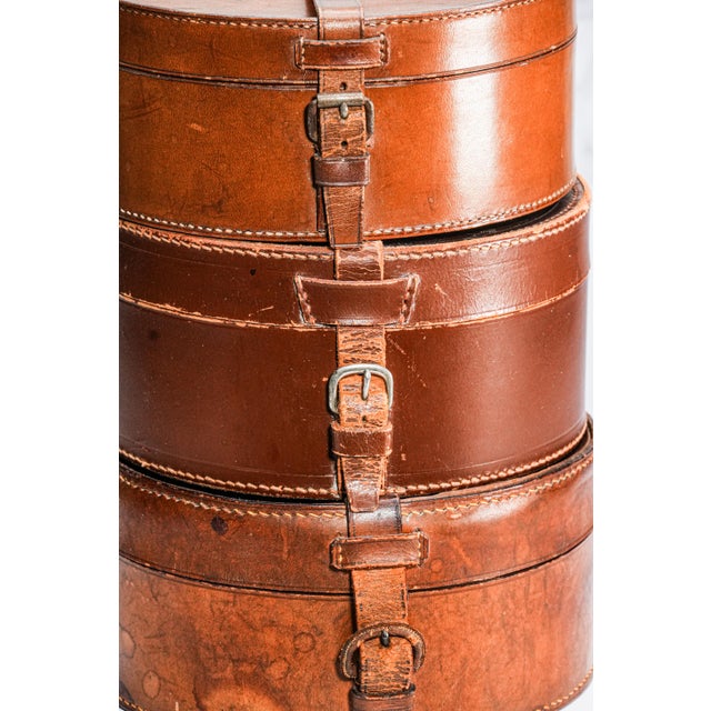 Set of 3, Collection of Round Antique Leather Collar Storage Boxes For Sale - Image 4 of 8