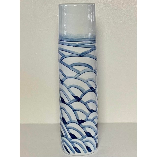 Vintage blue & white ceramic vase in tall organic cylindrical form by the iconic - Gump's of San Francisco. c.1980s....
