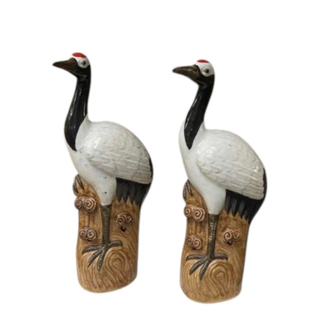 2000 - 2009 Pair of Vintage Asian Glazed Ceramic Red-Crowned Crane Statues For Sale - Image 5 of 12