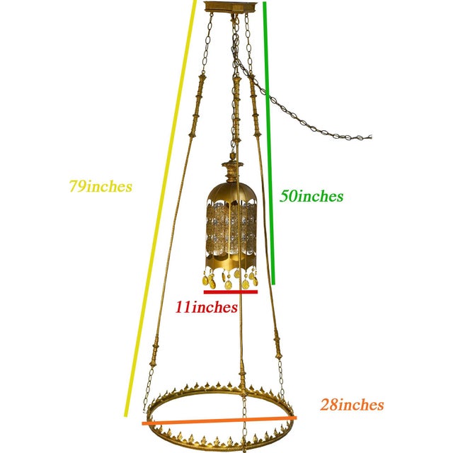 Mid Century Gothic Revival Gold Halo Ring & Crystal Chandelier For Sale - Image 4 of 16