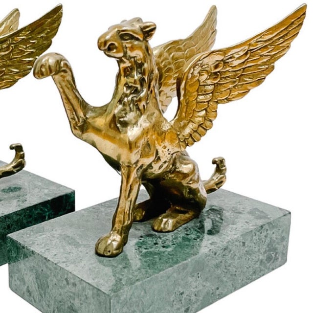 1970s Brass Griffins on Green Marble Bases Bookends - A Pair For Sale In San Diego - Image 6 of 8