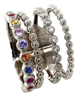 Multi Color Sapphire Diamond White Gold Stacked Band, Size 7