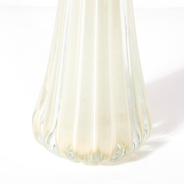 2020s Modernist Hand-Blown Fluted Oyster Murano Glass & Brass Table Lamps For Sale - Image 5 of 16
