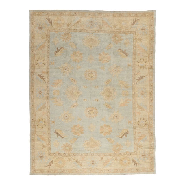 Vintage Modern Celadon Turkish Oushak Rug - 09'02 X 12'00 For Sale