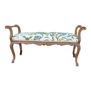 Late 19th Century Antique Carved Walnut Country French Upholstered Crewel Embroidered Window Seat Bench For Sale
