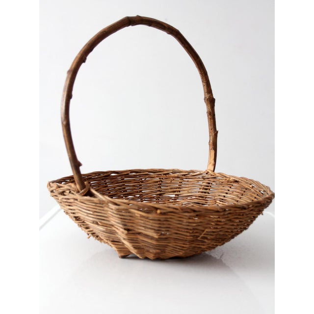 Wood Antique Willow Gathering Basket With Branch Handle For Sale - Image 7 of 14