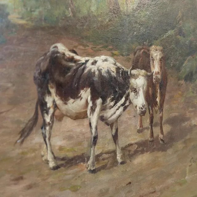 19th Century French Painting of Cows on a Forest Path by Emile Godchaux, Signed For Sale - Image 9 of 12