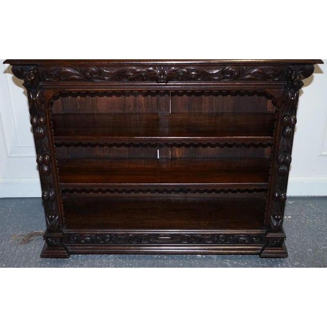 Antique Oak Greenman & Lionheads Dwarf Open Bookcase, 1880 For Sale - Image 6 of 17