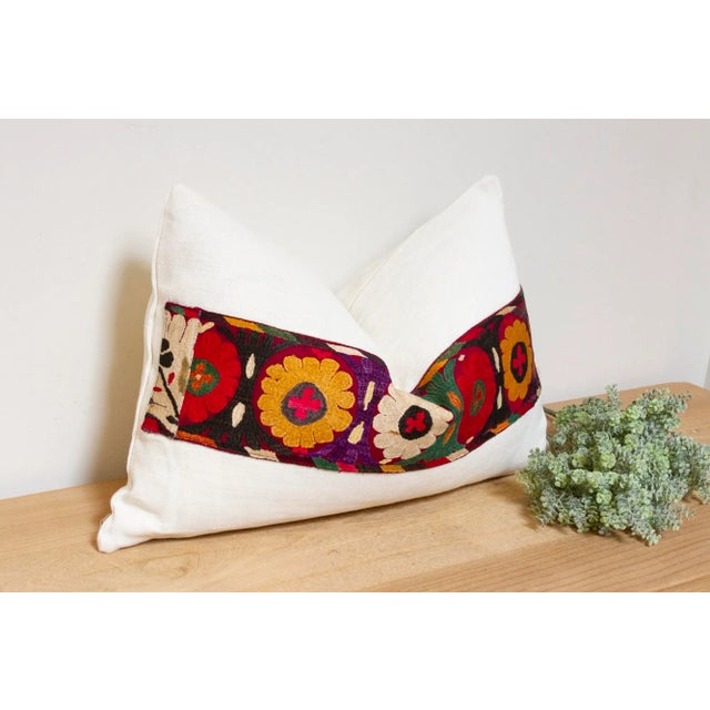 Persian Lina Antique Uzbek Suzani Linen Pillow For Sale - Image 3 of 7