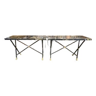Pair of Jansen Manner Steel Consoles With Marble Tops For Sale